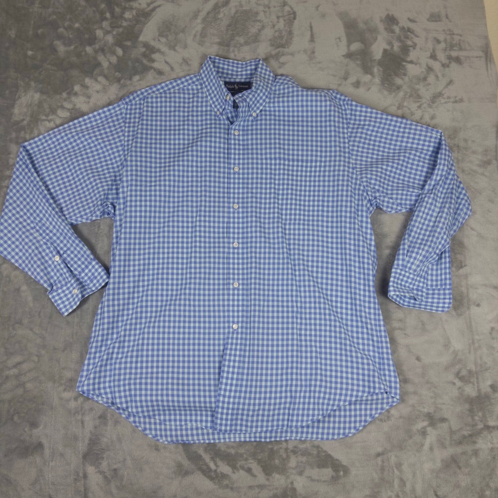 Ralph Lauren Button Down Shirt Mens L Blue Gingham Blake Cotton Long Sleeve